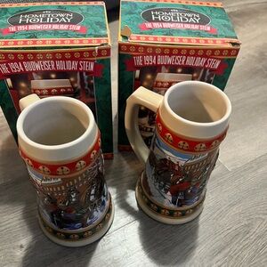 Budweiser 1994 Holiday Stein Pair - Red and Cream